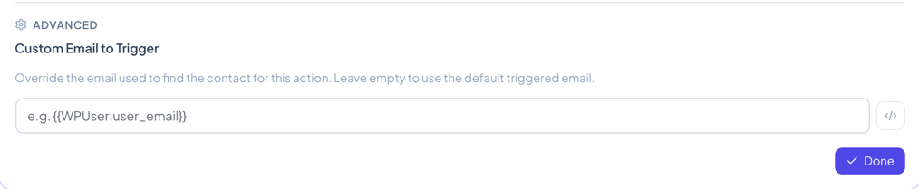 Action card expanded showing the advanced settings with custom email field