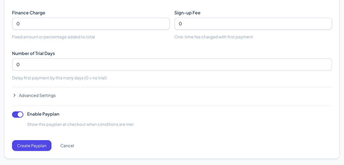Plan settings form showing basic fields and enable toggle