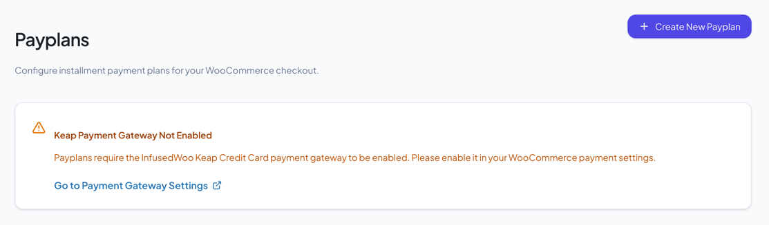 Payplans list page with gateway warning banner